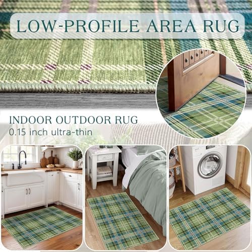 Front Door Mat Outside Entrance, 2x3 Green Teal Tartan Plaid Rug