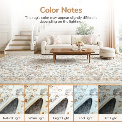 Lessymo 9x12 Floral Area Rugs for Living Room,Large Washable Carpet Beige