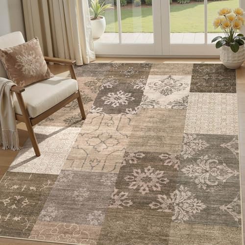 UERMEI 5x7 Area Rug for Living Room, Washable Brown Modern Geometric Patchwork Non Slip Stain Resistant Low Pile Foldable Carpet for Bedroom Dining Farmhouse Home Office