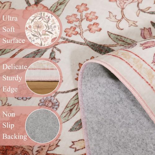 DUKINO 2.6x8 Runner Rug, Washable Vintage Floral Kitchen Runners Beige Pink