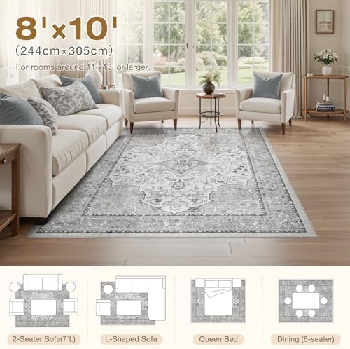 cotiled Vintage Washable Area Rug 8x10 Non Slip Rugs for Living Room Grey