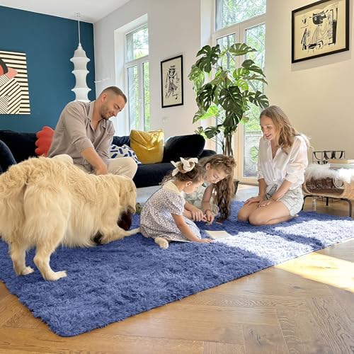 OLANLY 2x5 Machine Washable Runner Rugs for Hallway, Soft Fluffy Shaggy Bedside Rugs for Bedroom, Living Room, Indoor Floor Carpet for Kids Girls and Boys, Home Decor Aesthetic, Denim Blue