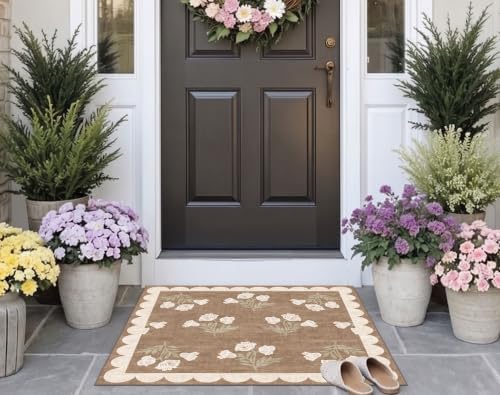 3x3 Square Entryway Rug - Non-Slip Washable Front Door Mat Indoor Outside Entrance Small Porch Rug Tan Neutral Floral Scalloped Throw Rugs for Entryway Kitchen Bedroom Office Front Porch Decor