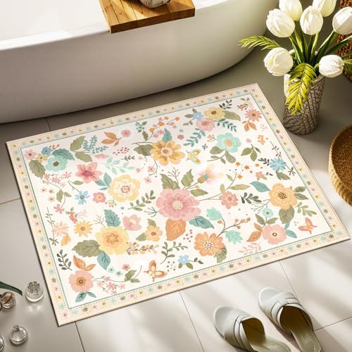 RELEANY Floral Washable 2x3 Area Rugs Doormat Beige/White/Orange