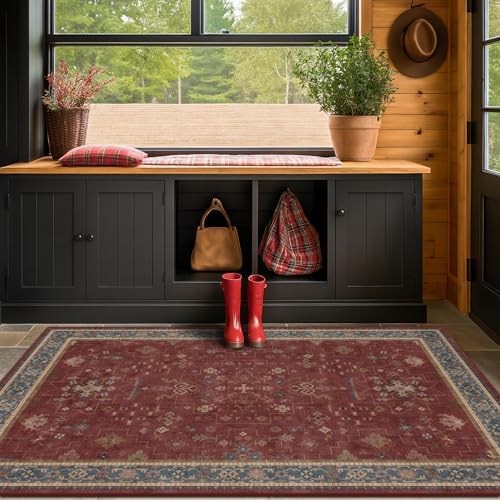 Turkish 4x6 Rug for Living Room Small - Area Rug for Kitchen, Bedside, Foyer Large Entryway Indoor - Washable Stain Resistant Non Slip, Unique Victorian Art Deco, Maroon & Burgundy