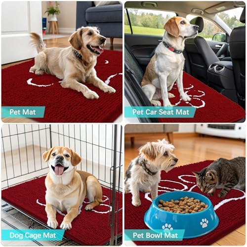OLANLY Dog Door Mat for Muddy Paws 30x20, Paw Print Design Chenille Mud Mat