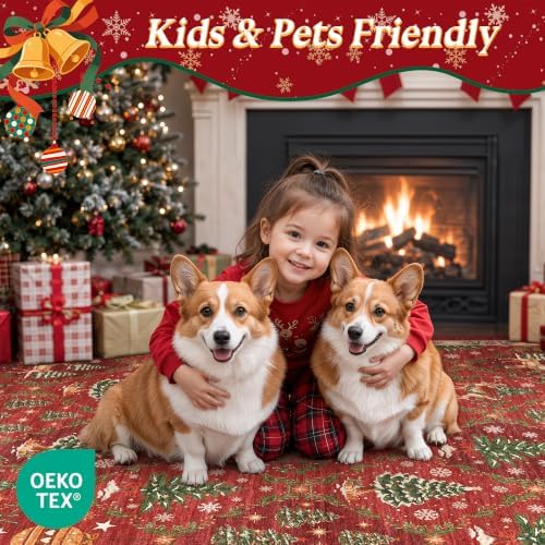 4x6 Christmas Non-Slip Area Rug, Red Washable Vintage Living Room Rug