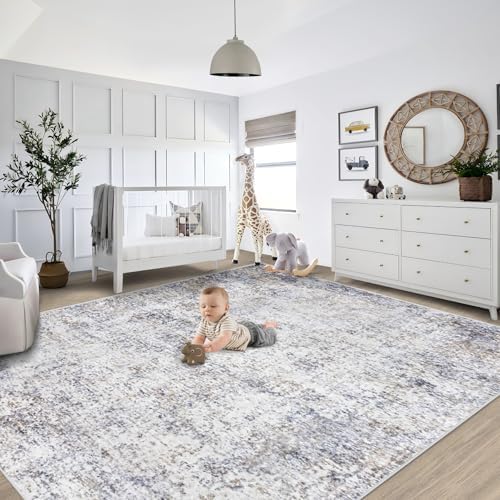 XLUEZ 8x10 Area Rugs for Living Room, Washable Modern Abstract Large Area Rug Neutral Soft Non Slip Kids Rug Stain Resistant Indoor Carpet for Bedroom Nursery Dining Room Playroom(Bluegrey, 8'x10')