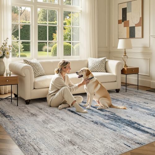 DMOYEST Area Rug Living Room Rugs 10x12 Washable Abstract Brown Bluish