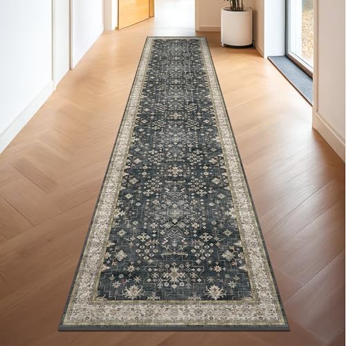 Hazo Haus Black Boho Washable 3x16 Extra Long Runner Rug for Hallway, Waterproof Large Kitchen Floor Rug, Non-Slip Stain & Fade Resistant, Vintage Floral Decor