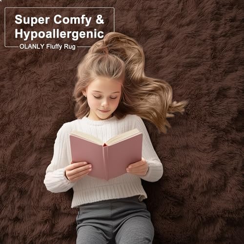 OLANLY 3x5 Machine Washable Small Bedside Rug, Soft Fluffy Shaggy Rugs for Living Room, Bedroom, Indoor Floor Carpet for Kids Girls and Boys, Preppy Dorms, Nursery, Home Decor Aesthetic, Coffee