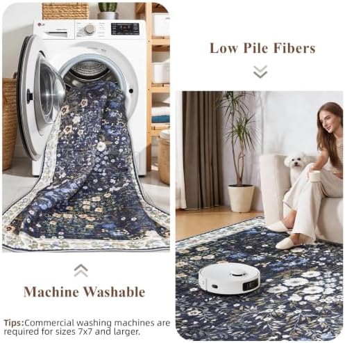 10x10 Square Area Rug Living Room: Boho Floral Washable Mat for Dining Room Bedroom Office High Traffic Area Soft Non Slip Low Pile Indoor Carpet for Vintage Farmhouse Home Decor (10ft Square, Blue)