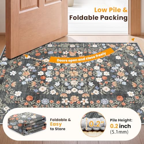SameBed Washable 2x3 Entryway Area Rug, Vintage Kitchen Rug Carbon Gray