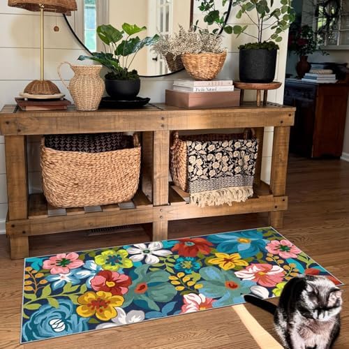 Front Door Mat Indoor Entrance - 2x4.3 Colorful Floral Runner Rug