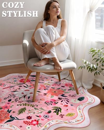 Macgace Floral Round Rug for Girls Bedroom, Washable 5ft Pink Area Rugs