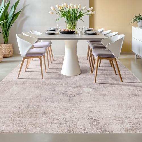 Pink Mauve and Grey Living Room Rug 8x10 - Modern Distressed Medallion Area Rug for Dining Room Under Table, Bedroom, Washable Non Slip High Traffic Low Pile Thin Floor Carpet, Distressed Design