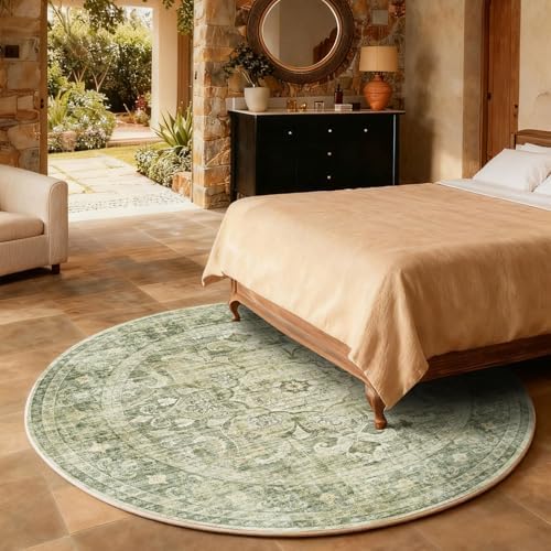 4ft Washable Round Rugs for Bedroom: Circle Living Room Rug Boho Vintage Non Slip Low Pile Soft Faux Wool Non Shedding Small Carpet Rug for Kitchen Entryway Bathroom Bedside Home Office Dorm Kids Room