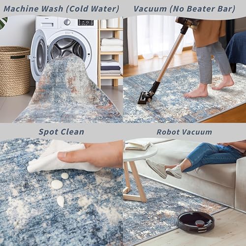 3x12 ft Long Hallway Runner Rug Non-Slip Washable Carpet Runner for Kitchen Entryway Bathroom Modern Abstract Neutral Low-Pile Thin Stain-Resistant Blue Rust