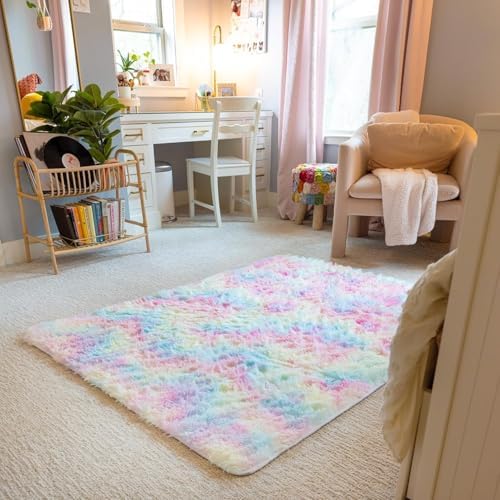 Ophanie Soft Fluffy Shaggy Rugs for Bedroom Living Room Dorm Nursery Home Decor Aesthetic,Color Light Rainbow,Size 4' x 6'