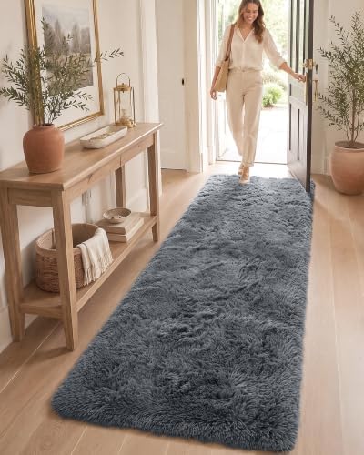 OLANLY 2x6 Machine Washable Runner Rugs for Hallway, Soft Fluffy Shaggy Bedside Rugs for Bedroom, Living Room, Indoor Floor Carpet for Kids Girls and Boys, Nursery Rooms, Home Decor Aesthetic, Grey