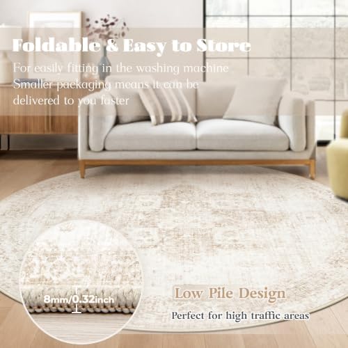 Round Rugs 5ft Washable Rug, Vintage Boho Medallion Rugs Non-Slip Soft Low Pile Circle Distressed Rug Indoor Retro Carpet for Living Room Bedroom Dining Room Home Office (Beige, 5' Round)