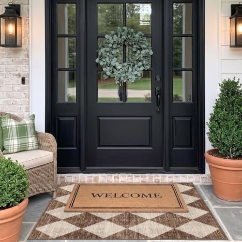 Brown Beige Checkered Entry Rug - 3x4 Non-Slip Washable Indoor Outdoor Front Door Mat Porch Rug Farmhouse Diamond Throw Carpet for Living Room Bedroom Entryway Kitchen Office Fall Porch Decor