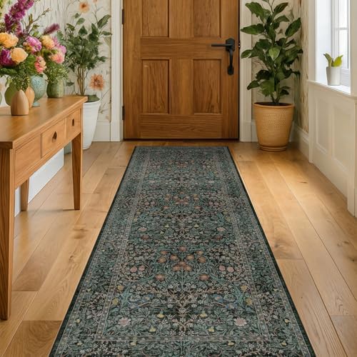 Dark Green Washable 2x8 Runner Rug Non Slip for Kitchen, Hallway, Entryway Indoor, 8ft Long Rubber Backed Low Pile Carpet Runners - Stain Resistant Vintage Floor Décor