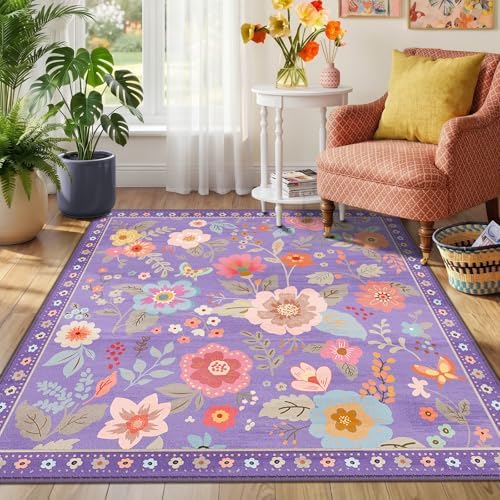 RELEANY Floral Washable Square 4ft Area Rug Purple/Pink