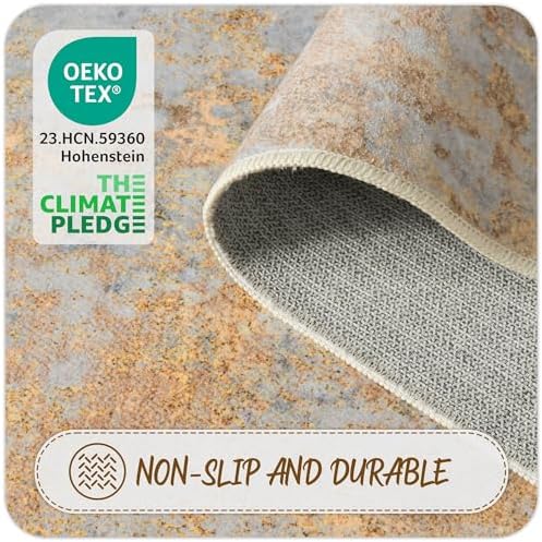 Beige Gold Washable Rug 6x9 Area Rugs for Living Room Bedroom Carpet, Indoor Vintage Abstract Boho Large Rug Non Slip Faux Wool Rugs for Dorm, Dining Room Table, Nursery, Kids Playroom