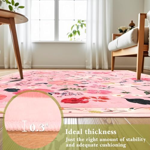 Macgace Floral Area Rug for Kitchen, Washable 2x6 Pink Runner Rugs
