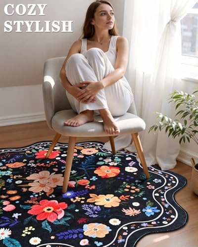 Macgace Floral Round Rug for Girls Bedroom, Washable 4ft Black Area Rugs
