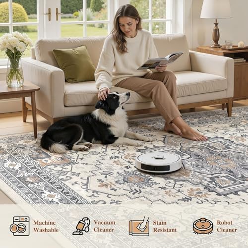 UERMEI 9x12 Area Rug Living Room Rugs - Washable Vintage Soft Large Rug Indoor Floor No Slip Rug Carpet for Bedroom Farmhouse Under Dining Table Home Office Decor - Grey-Orange