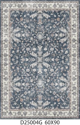 Washable 4x6 Rug for Kitchen: Non Slip Soft Area Rugs for Living Room Blue Vintage Print Boho Small Low Pile 6x4 Carpet for Entryway Bedroom Bathroom Classroom Foyer Office Indoor Decor