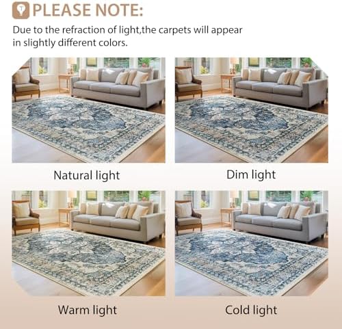 BESTSWEETIE Washable Boho Round 8ft Area Rug for Living Room, Blue Navy