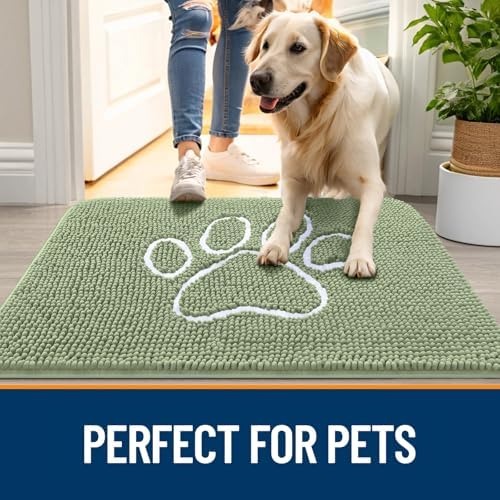OLANLY Dog Door Mat for Muddy Paws 47x24, Paw Print Design Chenille Mud Mat