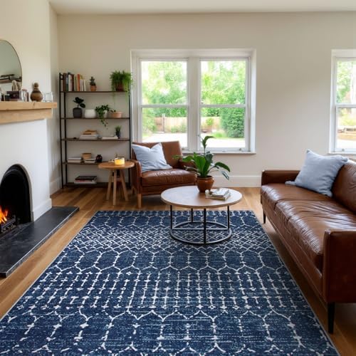 Lahome Moroccan Living Room Rug 9x12 Non-Slip Washable Ultra-Thin Soft Large Area Rug, Modern Geometric Print Stain Resistant Carpet for Bedroom Dining Room, Blue Hana