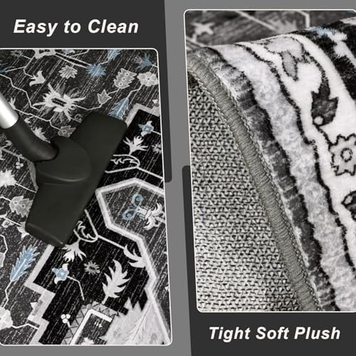Macgace Washable Vintage Small Area Rug for Bedroom, 3x5 Rugs Black Grey