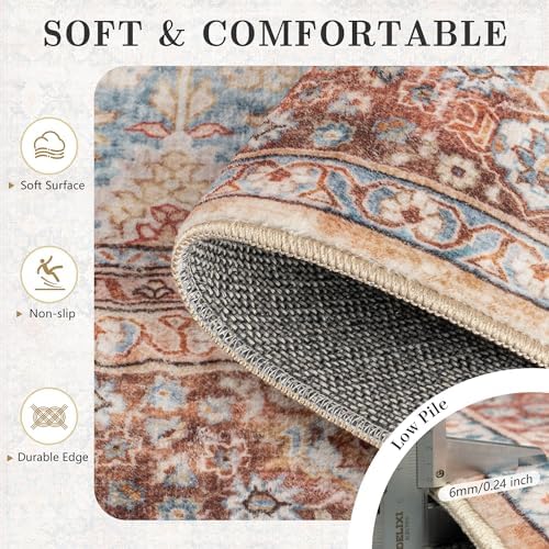 10x14 Area Rugs for Living Room - Washable Vintage Retro Large Rug, Soft Ultra Thin Non Slip Low Pile Traditional Distressed Boho Carpet for Bedroom Dining Room Home Office, Rust Clay