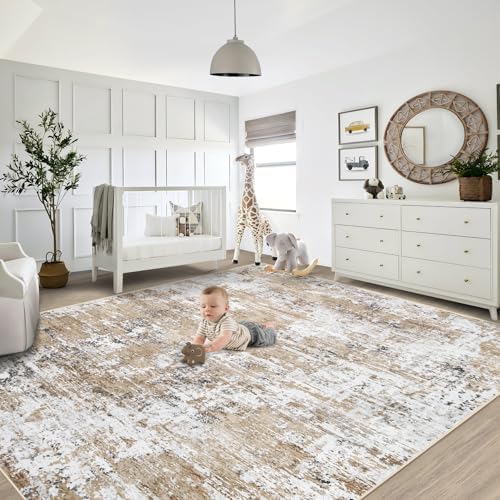 XLUEZ 8x10 Area Rugs for Living Room, Washable Modern Abstract Large Area Rug Neutral Soft Non Slip Kids Rug Stain Resistant Indoor Carpet for Bedroom Nursery Dining Room Playroom(Beige, 8'x10')