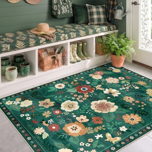 RELEANY Floral Washable 3x5 Area Rugs DarkGreen