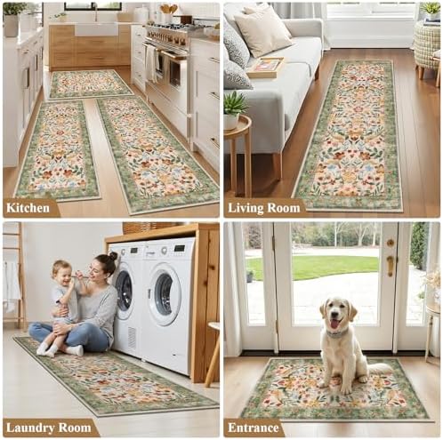 HEBE Boho Kitchen Rugs Set of 3, Non Slip Washable Kitchen Mats for Floor