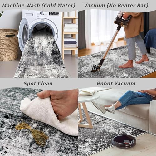 3x8 Washable Hallway Runner Non-Slip Abstract Modern Neutral Wide Carpet Runner for Kitchen Floor, Entryway, Bedroom, Living Room Soft Low-Pile Thin Rubber Backing (Black Grey, 3x8)
