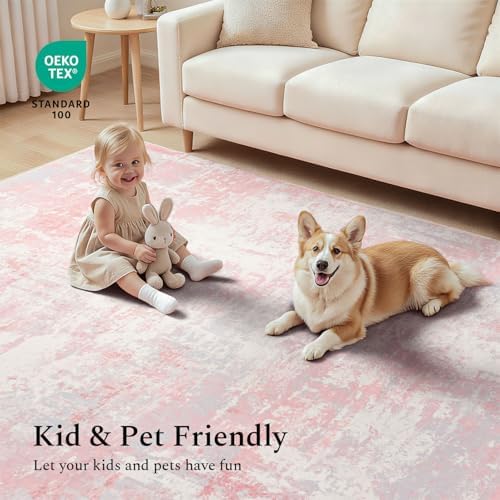 Rugflix 5x7 Area Rugs for Bedroom, Washable Pink Large Rug