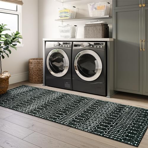 Lahome Moroccan Black Washable Runner 2x5 Non-Slip Lightweight Laundry Room Rug Throw Soft Long Bathroom Rug, Geometric Print Carpet Runners for Kitchen Hallway (Black, 2'x5'') Hana