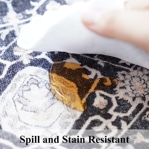 Washable Large 9x12 Area Rug: Indoor Oriental Living Room Carpet with Non Slip Backing Ultra Soft Low Pile Rugs for Bedroom Dining Room Distressed Stain Resistant Thin Floor Mat (9x12 Black)
