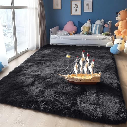 OLANLY 4x8 Area Rugs for Living Room Bedroom, Machine Washable Soft Fluffy Shaggy Bedside Rug, Indoor Floor Carpet for Kids Girls and Boys, Dorms, Nursery Rooms, Home Decor Aesthetic, Black