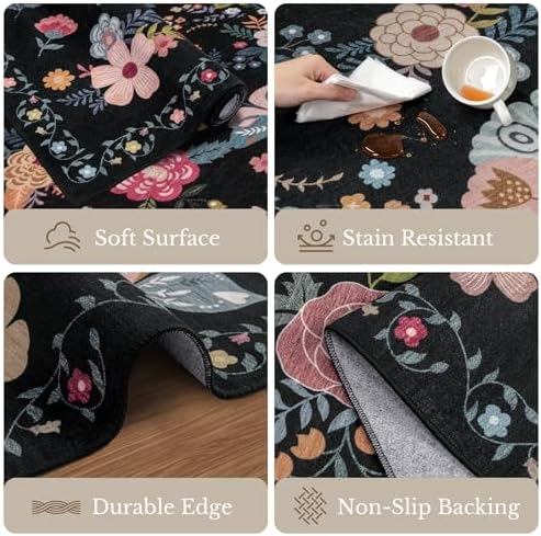 10x14 Area Rug Living Room: Soft Floral Washable Carpet Black