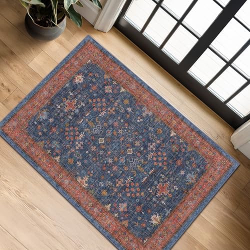 Hazo Haus Washable 2x4 Entry Rug Front Door Indoor, Farmhouse Small Area Rugs for Kitchen, Bathroom, Entrance, Non Slip Rubber Backed, Perfect for Boho Décor (2x4 Navy Blue)