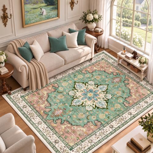 5x7 Area Rugs for Living Room: Washable Vintage Floral Rug Low Pile Non-Slip Boho Carpet for Nursery Bedroom Dining Room (RedGreen, 5'x7')