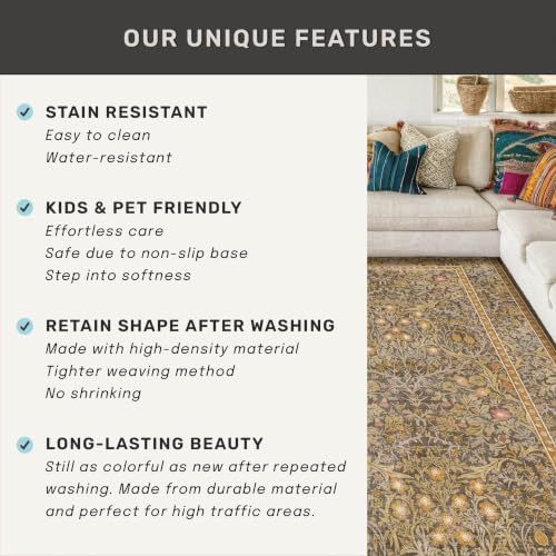 Brown 2'6" x 10' Hallway Runner Rug Non Slip - Washable Kitchen Rug Stain Resistant, 10ft Extra Long Thin Entryway Indoor Mats, Soft Boho Vintage Gold Brown Floral Indoor Carpet Runner Décor Low Pile